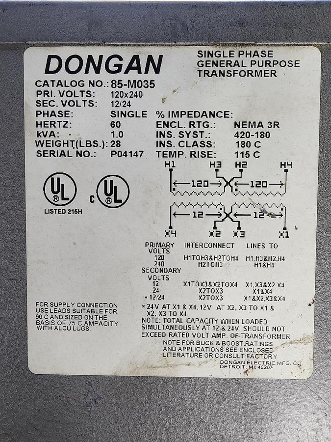 Used Dongan 85-M035 120/240 V Single Phase Transformer