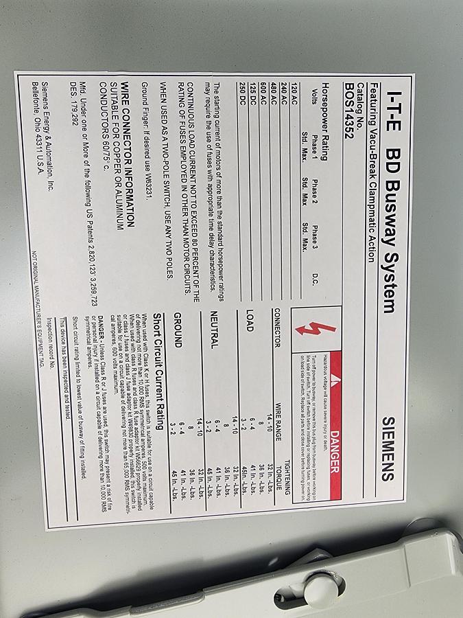 Refurbished Siemens BOS14352 60 AMP 600 V 3 PH I-T-E BD Switch Plug / Bus Plug