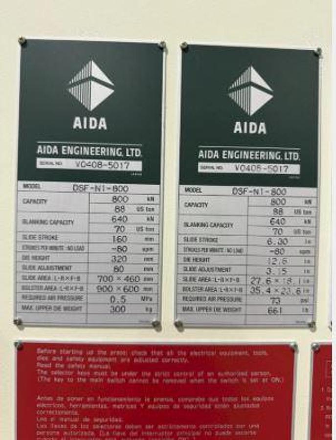 Used 2015 88 TON AIDA MODEL DSF-N1-800 GAP FRAME SERVO PRESS