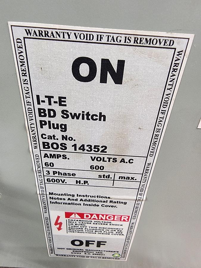 Refurbished Siemens BOS14352 60 AMP 600 V 3 PH I-T-E BD Switch Plug / Bus Plug