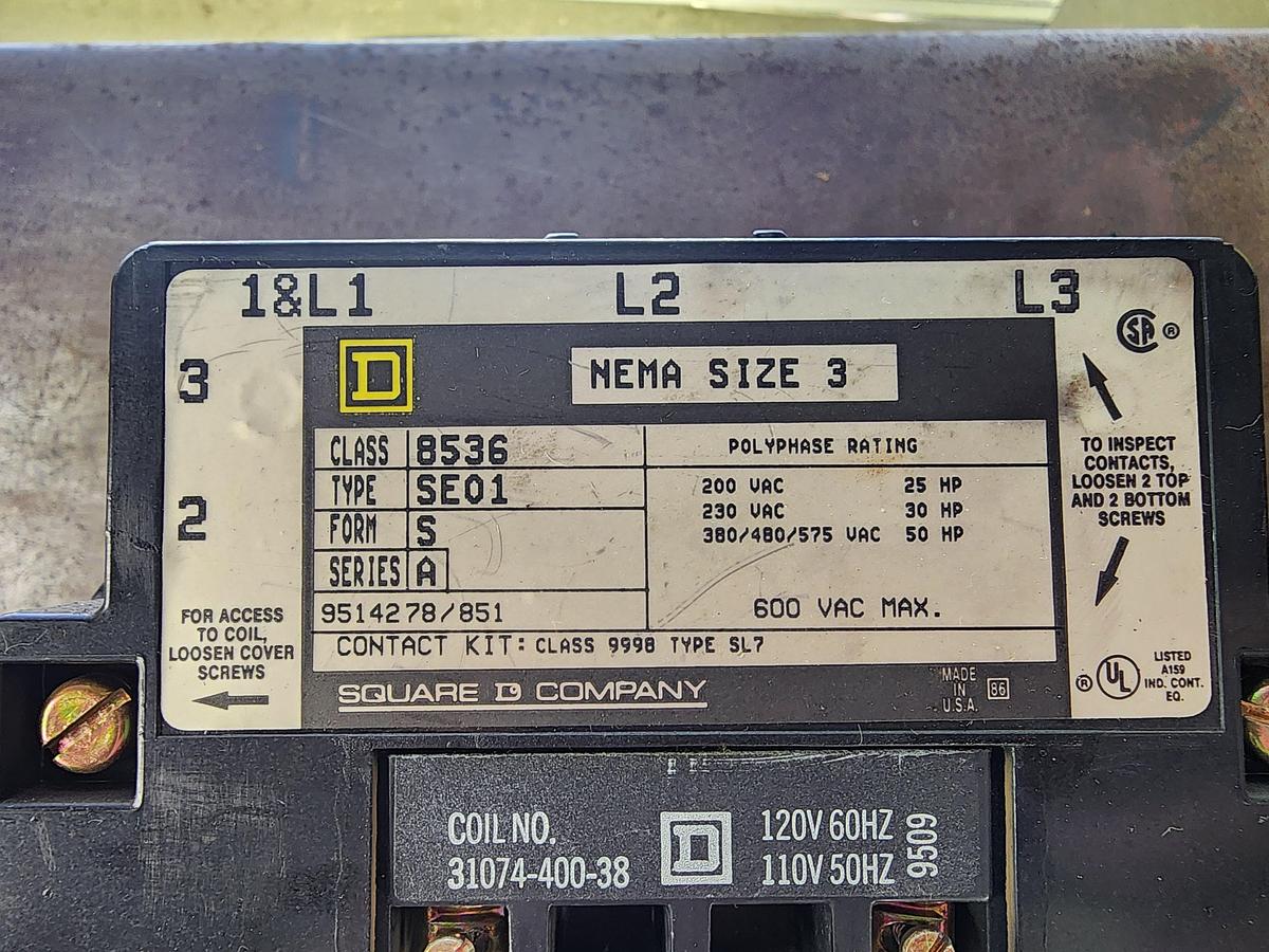 Used Square D Class 8536 Type SE01 8536SE01 Nema Size 3 Starter