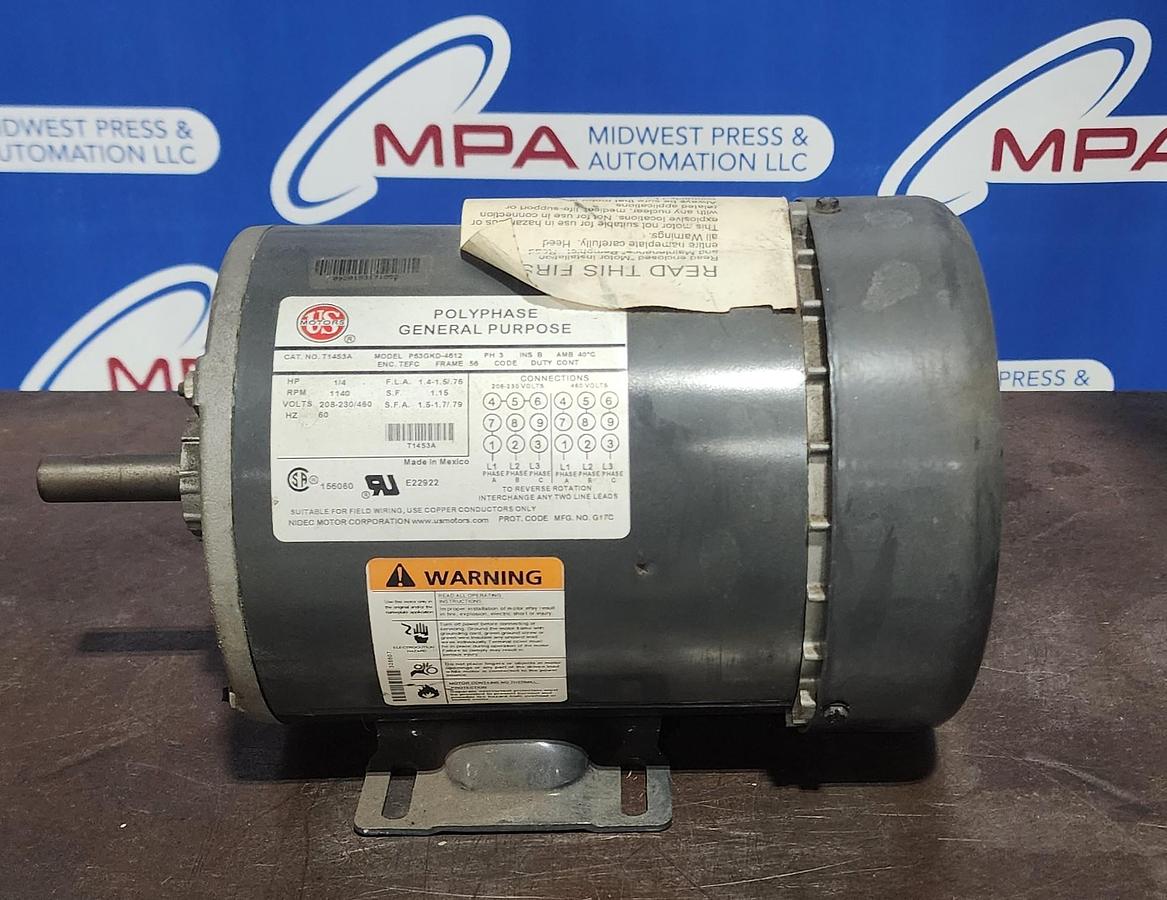 Used US Motors T14S3A / P63GKD-4612  3 Phase 1140 RPM 1/4 HP Motor