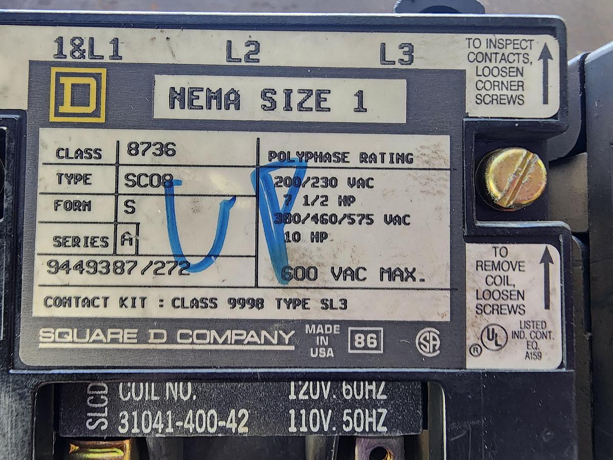 Used Square D 8736SC08 Nema size 1 Reversing Starter Class 8736 Type SC0 8