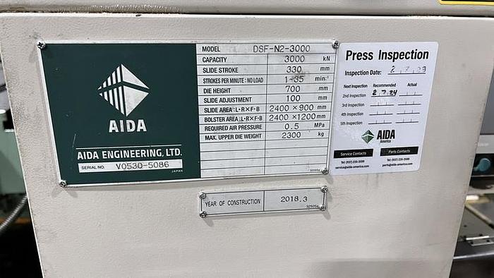 Used 330 TON AIDA MODEL DSF-N2-3000 SERVO STRAIGHT SIDE SINGLE CRANK PRESS