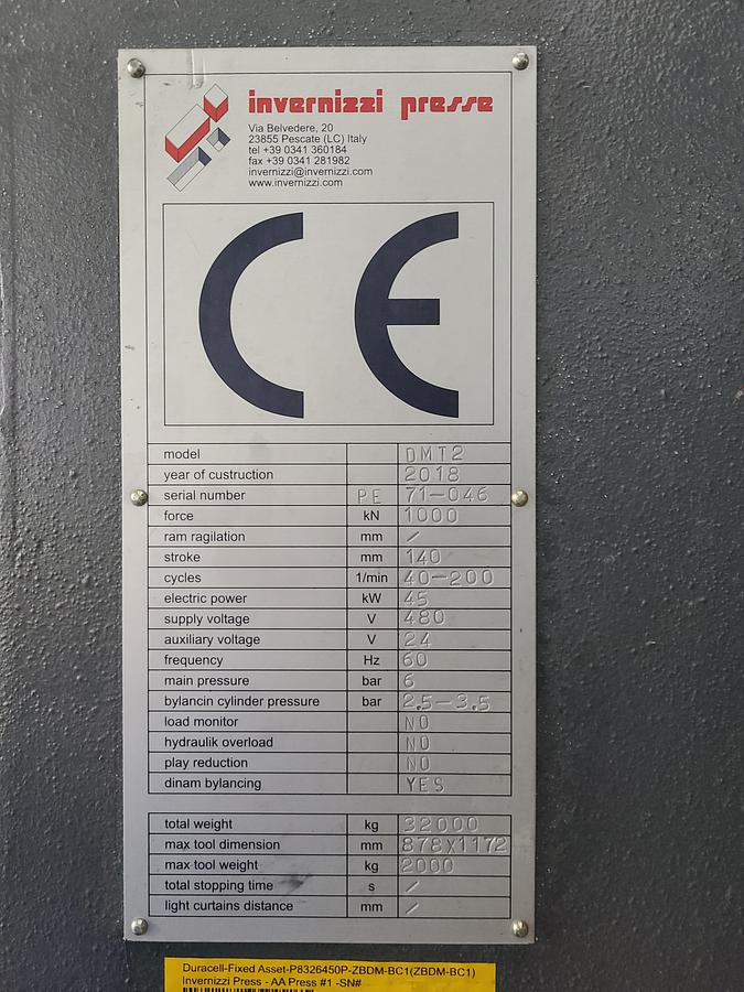 Used 2018 INVERNIZZI MODEL DMT2 TRANSFER PRESS