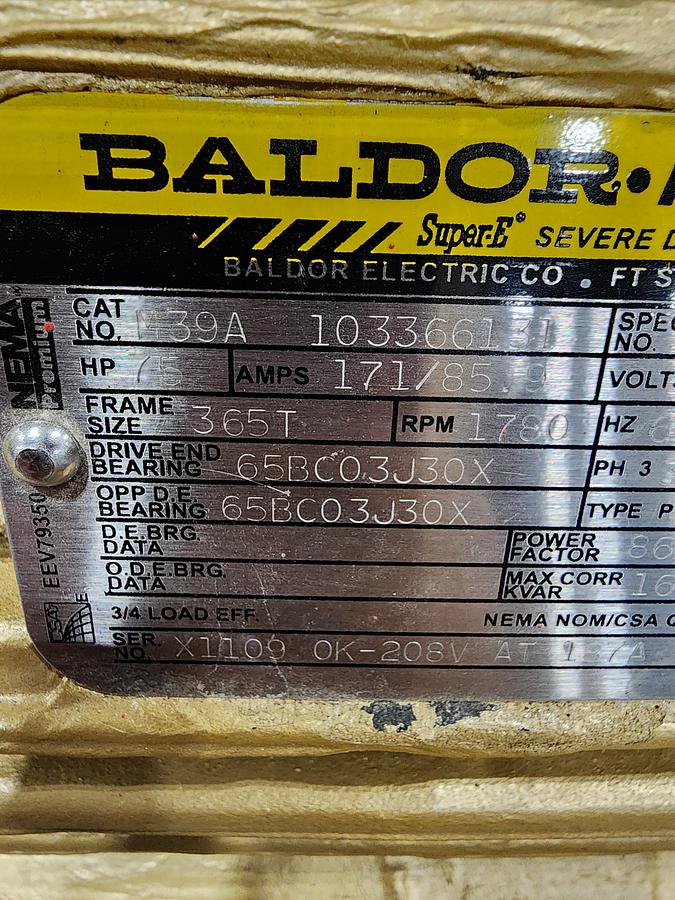 Used Baldor Reliance M39A 103366131 Frame: 365T 1780 RPM 230/460 V 75 HP Motor *TESTED*