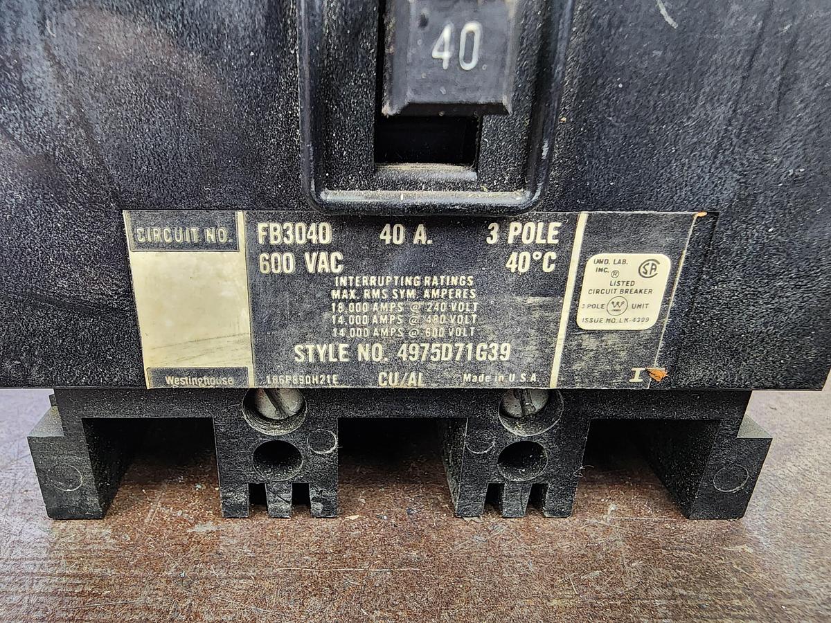 Used Westinghouse FB3040 Circuit Breaker 600 VAC 3 POLE 40 AMP