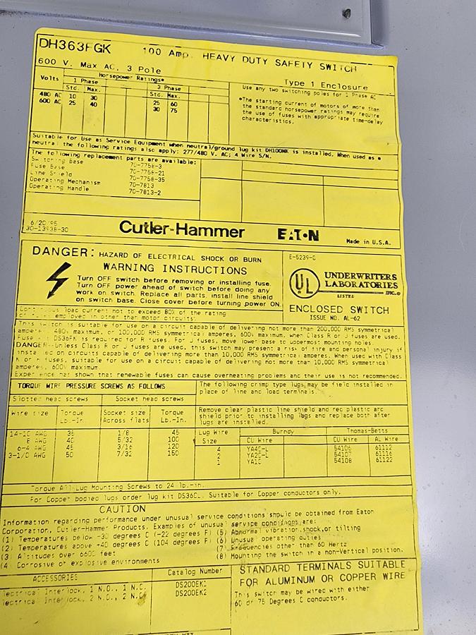 Used Cutler-Hammer DH363FGK Heavy Duty Safety Switch / Disconnect