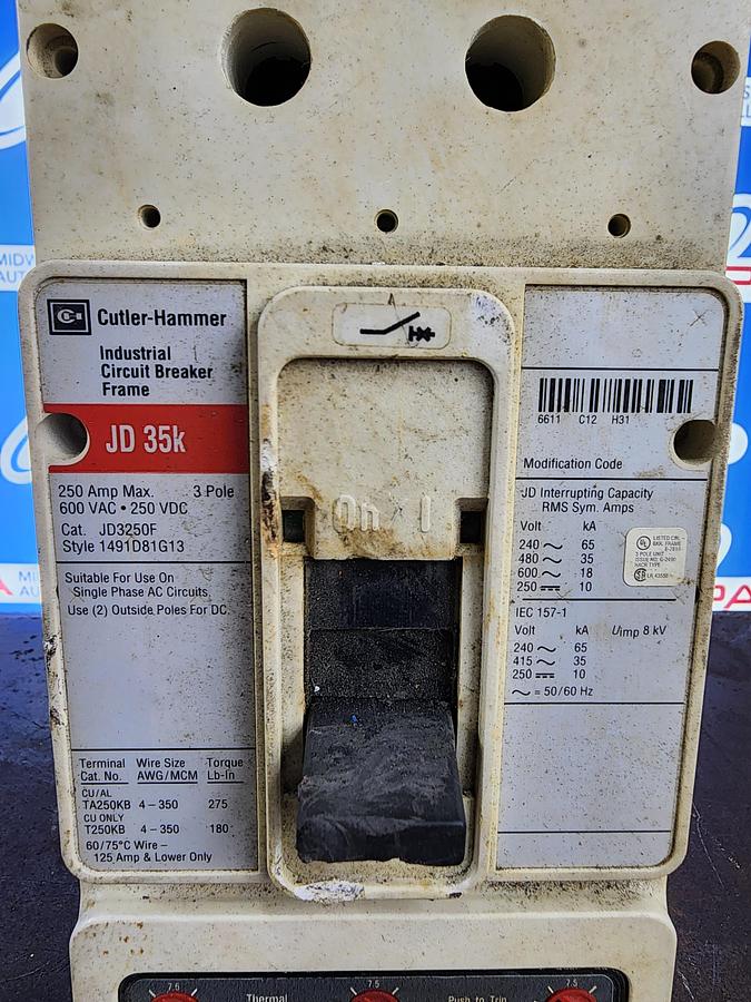 Used Cutler-Hammer JD3250F 250 AMP 600 VAC JD 35K Breaker