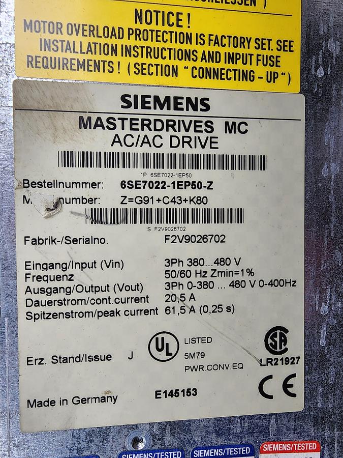 Used Siemens 6SE7022-1EP50-Z Masterdrives MC AC/AC Drive
