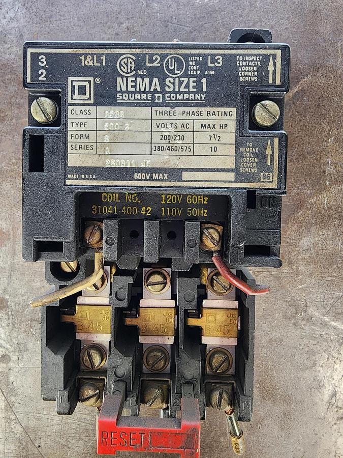 Used Square D Class 8536 Type SCO 3 Size 1 Starter / 8536SCO3