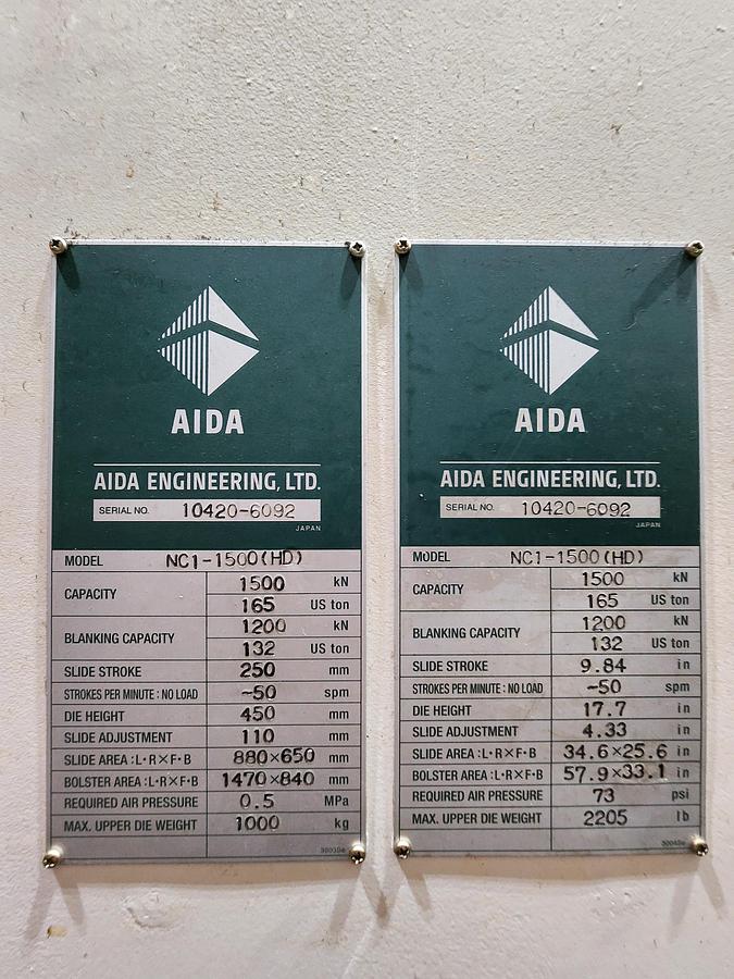 Used 165 TON Aida NC1-1500 (HD) SERVO PRESS
