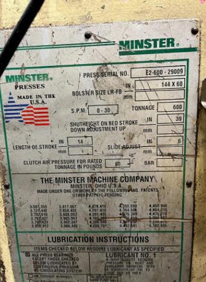 Used MINSTER 600 TON STRAIGHT-SIDE PRESS