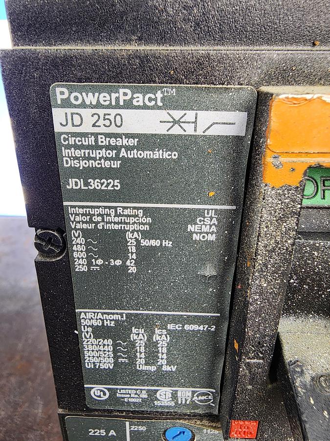 Used Square D JDL36225 PowerPact Circuit Breaker JD 250