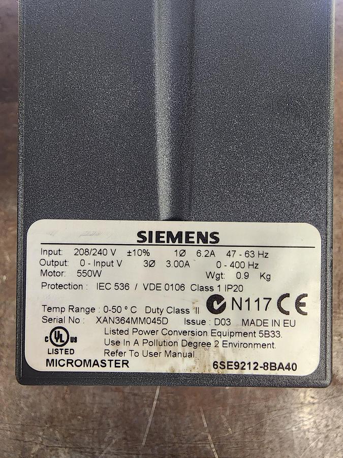 Used Siemens 6SE9212-8BA40 208/240V 550W 6.2A Micromaster