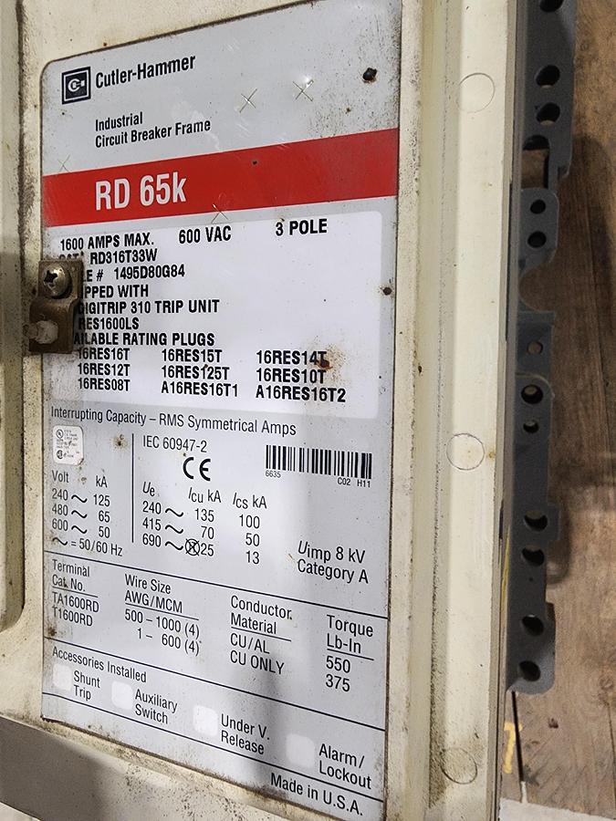 Used EATON CUTLER-HAMMER POW-R-WAY III 1600 AMP RD65K CIRCUIT BREAKER 
