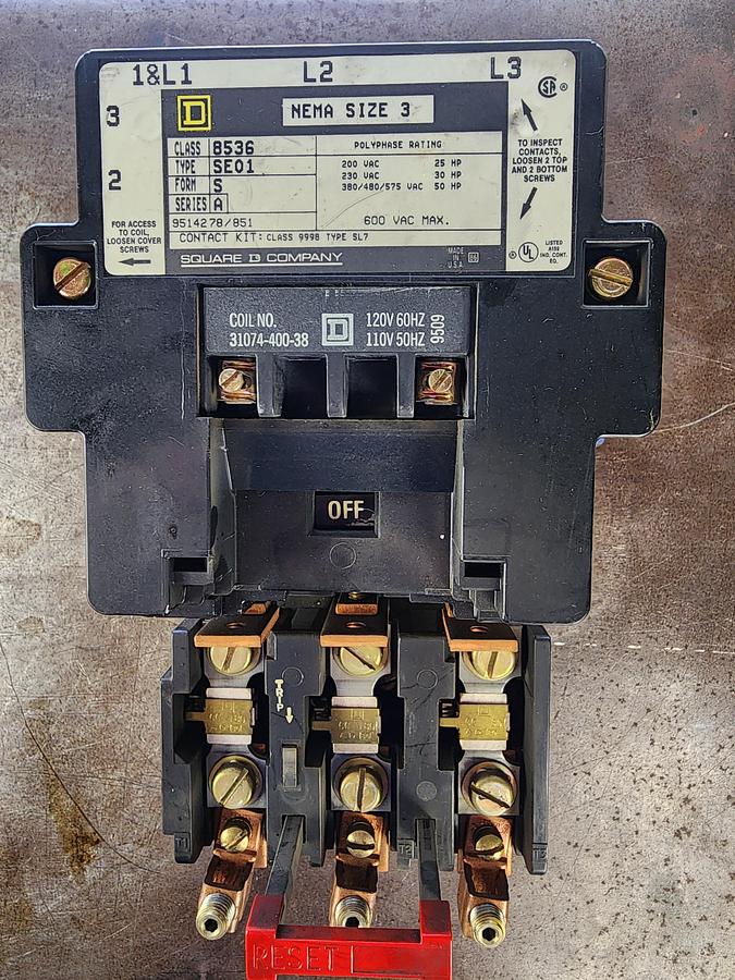 Used Square D Class 8536 Type SE01 8536SE01 Nema Size 3 Starter