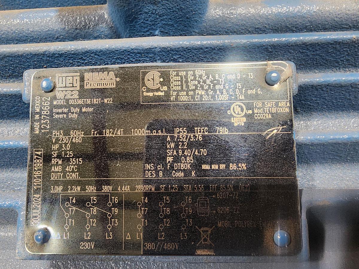 Weg W22 00336ET3E182T-W22 3515 RPM 60 Hz 2.2kw 3 HP Motor