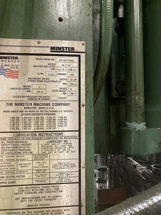 Used 200 TON MINSTER E2-200 STRAIGHTSIDE MECHANICAL PRESS