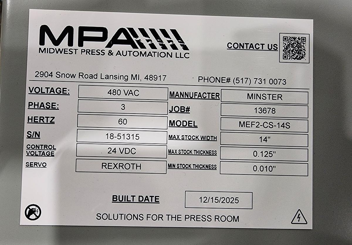 Used MINSTER MODEL MEF2-CS-14S FEEDER