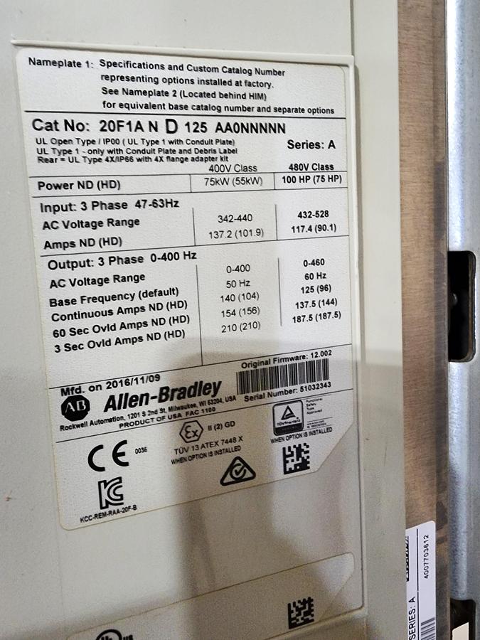 Used Allen-Bradley 20F1AND125AA0NNNNN Powerflex 735 - 100 HP VFD