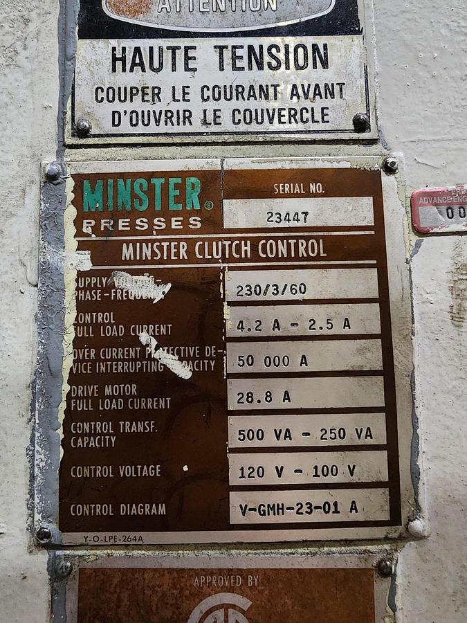 Used MINSTER MODEL #6 O.B.I. FLYWHEEL GAP FRAME PRESS