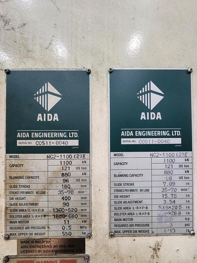 Used 121 TON AIDA MODEL NC2-1100(2)E GAP FRAME PRESS