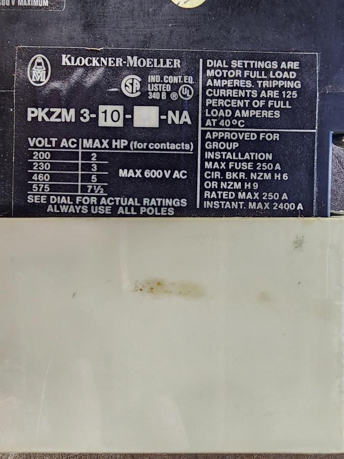Used Klockner-Moeller PKZM3-10-U-NA Manual Motor Starter