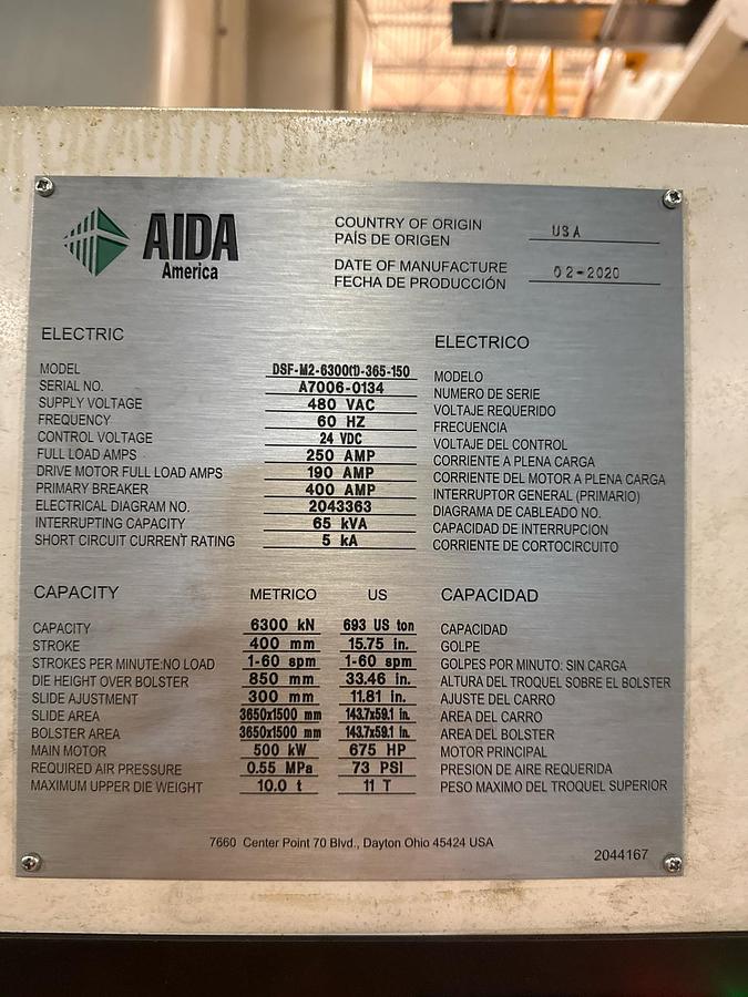 Used 2020 AIDA DSF-M2-6300-365-150 SERVO PRESS