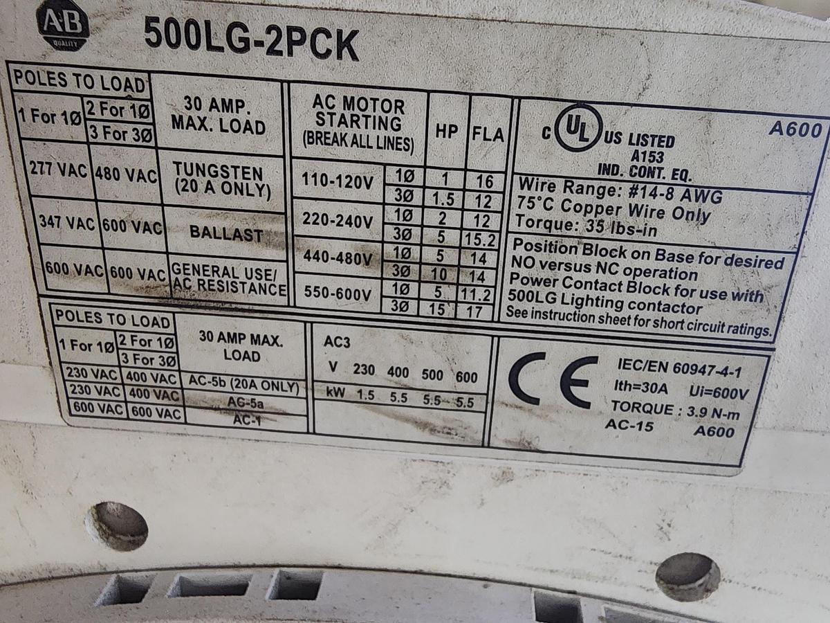 Used Allen-Bradley 500LG-400A1-E Lighting Contactor 500LG-2PCK