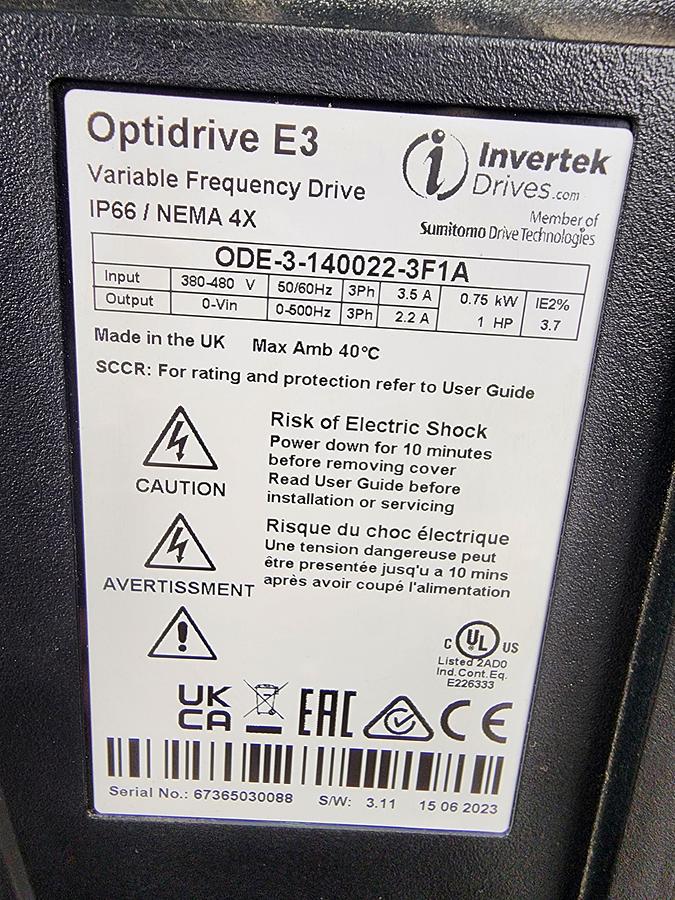 Used Invertek Drives ODE-3-140022-3F1A Optidrive E3 VFD