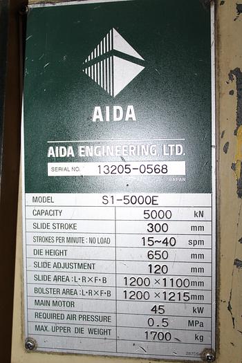 Used 550 TON AIDA MODEL S1-5000(E) STRAIGHT SIDE PRESS