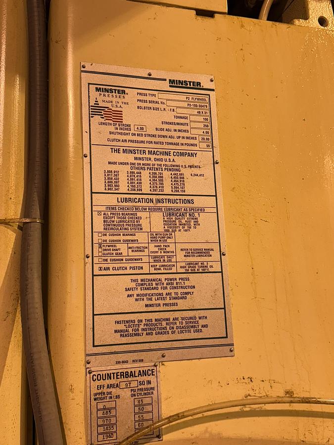 Used 100 TON MINSTER MODEL P2-100-48-31 STRAIGHT SIDE PRESS