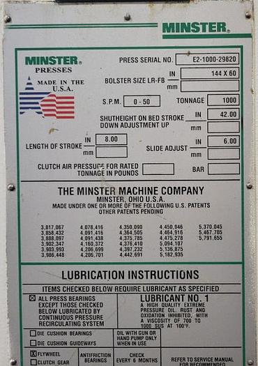Used 1,000 TON MINSTER E2-1000-144 X 60 STRAIGHT SIDE PRESS