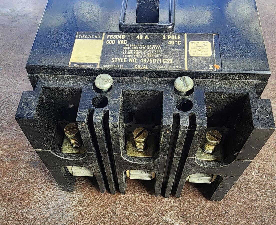 Used Westinghouse FB3040 Circuit Breaker 600 VAC 3 POLE 40 AMP