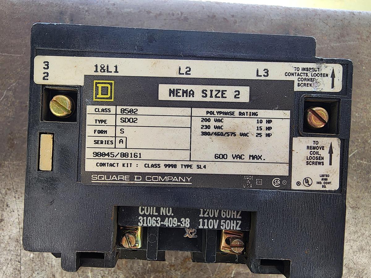 Used Square D Class 8502 Type: SDO2 8502-SDO2 Nema Size 2 Contactor SD02