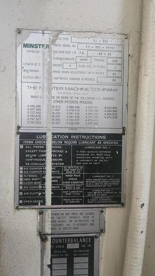 Used 300 TON MINSTER MODEL E2-300-84-48 HEVI STAMPER STRAIGHT SIDE PRESS