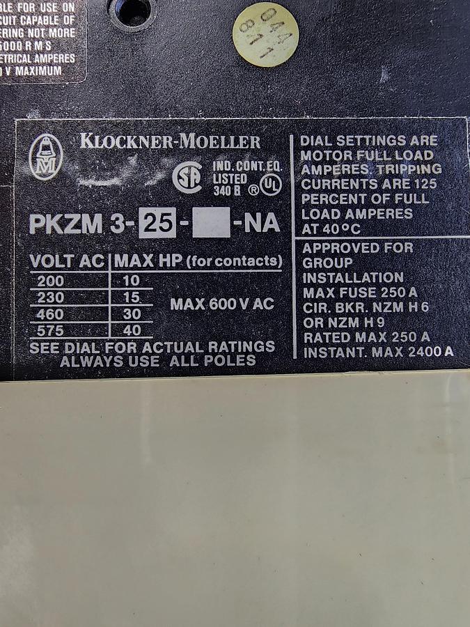 Used Klockner-Moeller PKZM3-25-U-NA Manual Motor Starter
