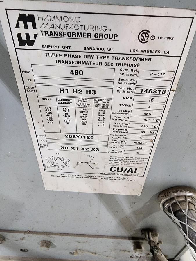 Used Hammond Manufacturing Model: 146318 15 KVA 3 Phase 480 V Transformer