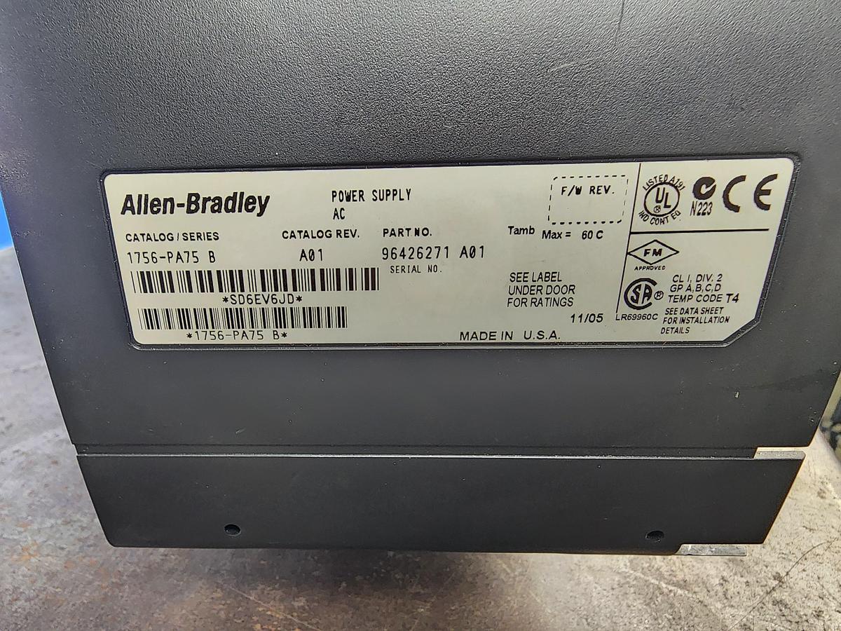 Used Allen-Bradley 1576-A13 Complete 13 slot Chassis  1756-PA75 Power supply Logix5562