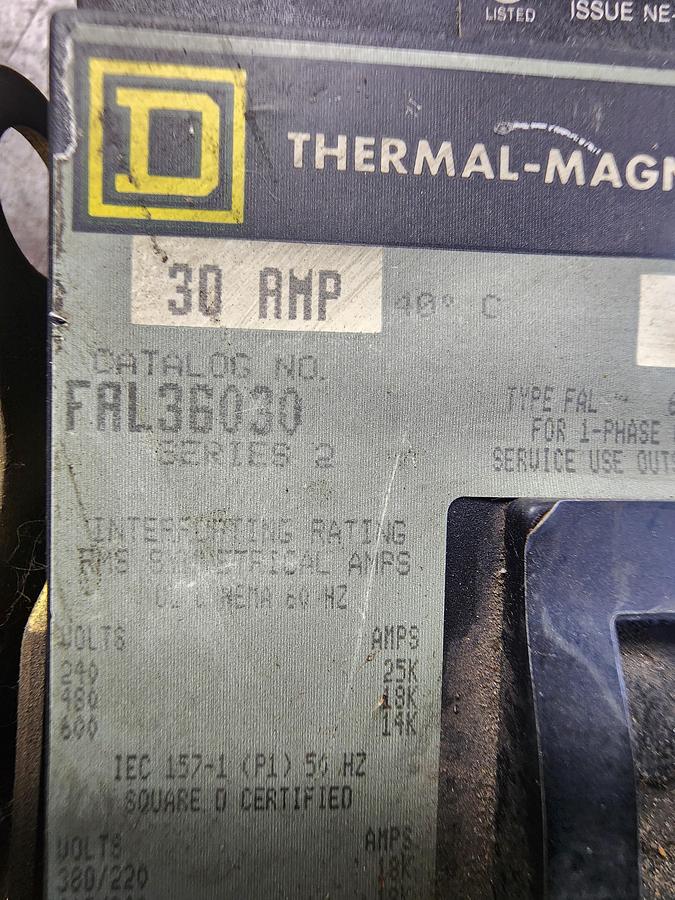 Used Square D FAL36030 30 AMP Circuit Breaker / 9422 RN-1 Operating Mech.