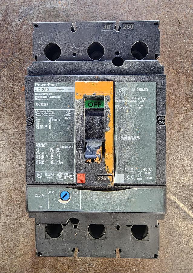 Used Square D JDL36225 PowerPact Circuit Breaker JD 250