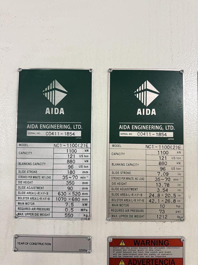 Used 121 TON AIDA MODEL NC1-1100(2) GAP FRAME PRESS