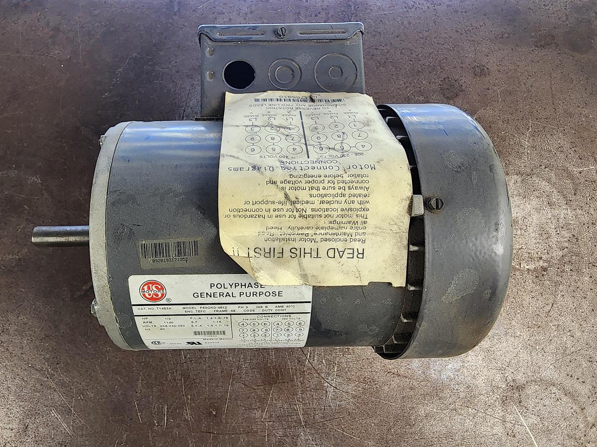 Used US Motors T14S3A / P63GKD-4612  3 Phase 1140 RPM 1/4 HP Motor