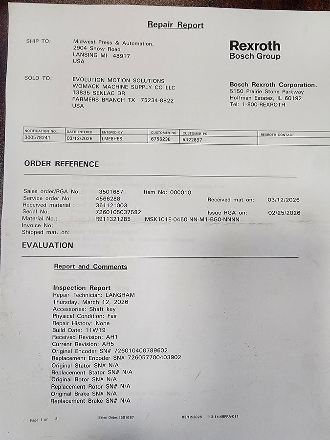 Refurbished Rexroth R911321285 / MSK101E-0450-NN-M1-BG0-NNNN Servo Motor *REBUILT*