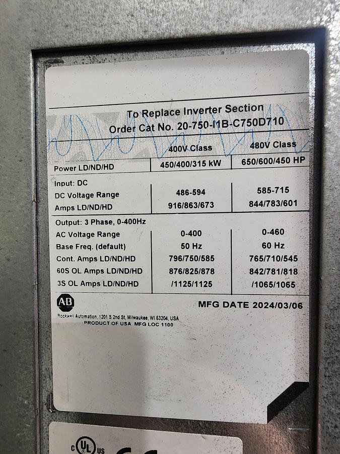 Used Allen-Bradley 20G1ABD710JN2NNNNN 600 HP Powerflex 755 Air Cooled AC Drive VFD