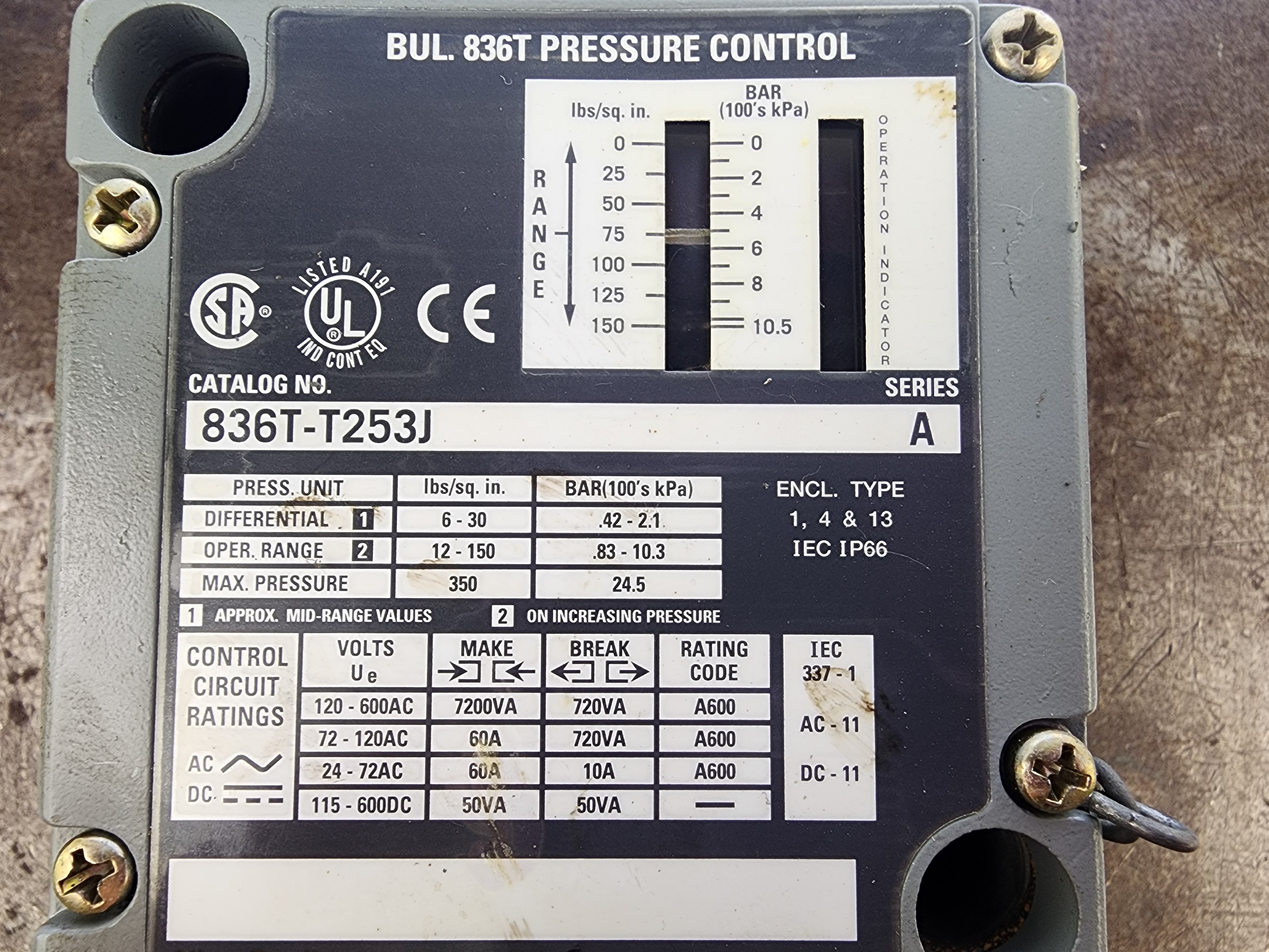 Used Allen-Bradley 836T-T253J Pressure Control Switch
