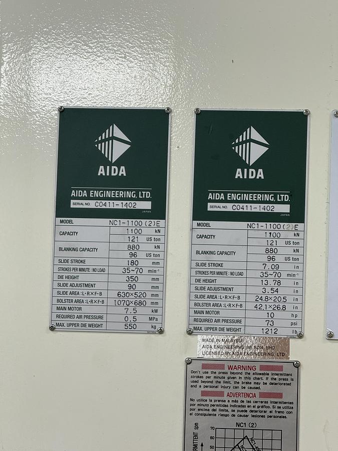 Used 121 TON AIDA MODEL NC1-1100(2) GAP FRAME PRESS