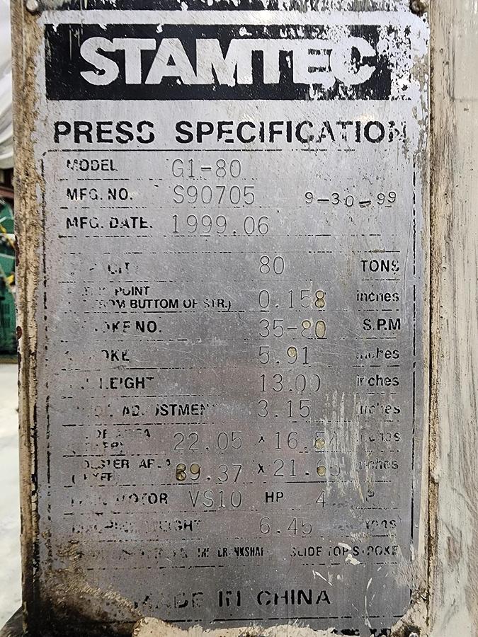 Used 80 TON STAMTEC MODEL G1-80 GAP FRAME PRESS
