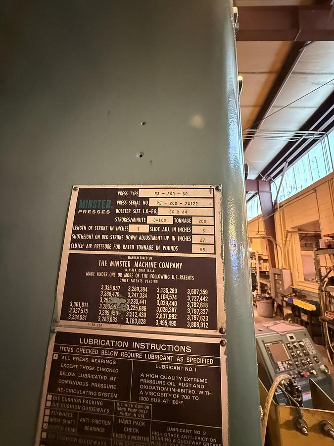 Used 200 TON MINSTER MODEL P2-200-50-44 STRAIGHT SIDE PRESS